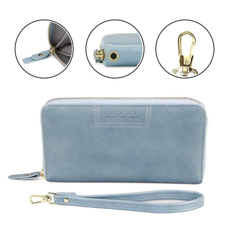 FT FUNTOR Wristlet Wallet for Women, Ladies Zip around Wallet PU Vegan Leather Clutch Long Purse Phone Card Holder Organizer Blue - Image 5